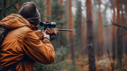 Hunter during hunting in a forest, holding a rifle and aiming at a deer.