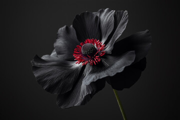 Elegant black flower with a bright red core contrasting on a black background. 