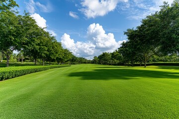 Obraz premium Serene Park, Lush green landscape with trees, Tranquil outdoor scene.