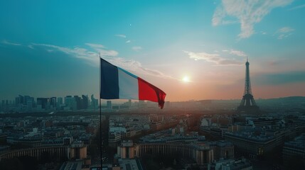 French flag waving in the wind over paris skyline with eiffel tower at sunset, france