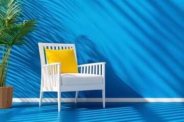 Fototapeta premium Vibrant Interior, White chair with yellow cushion against blue wall, Colorful modern design.