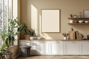 Minimalist Kitchen interior with Poster Mockup created with Generative AI