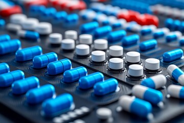 Obraz premium Conveyor belt with organized rows of blue and white capsules in a high tech pharmaceutical facility symbolizing precision and automation captured in a bright detailed setting