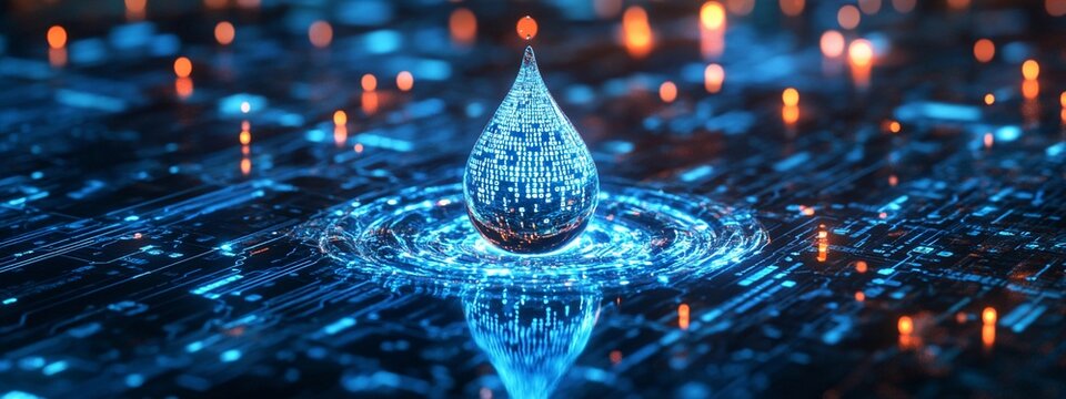 Digital Raindrop.Concept of Digital transformation, big data, data science, artificial intelligence, technology,Technology companies, data analytics, software development, cloud computing.