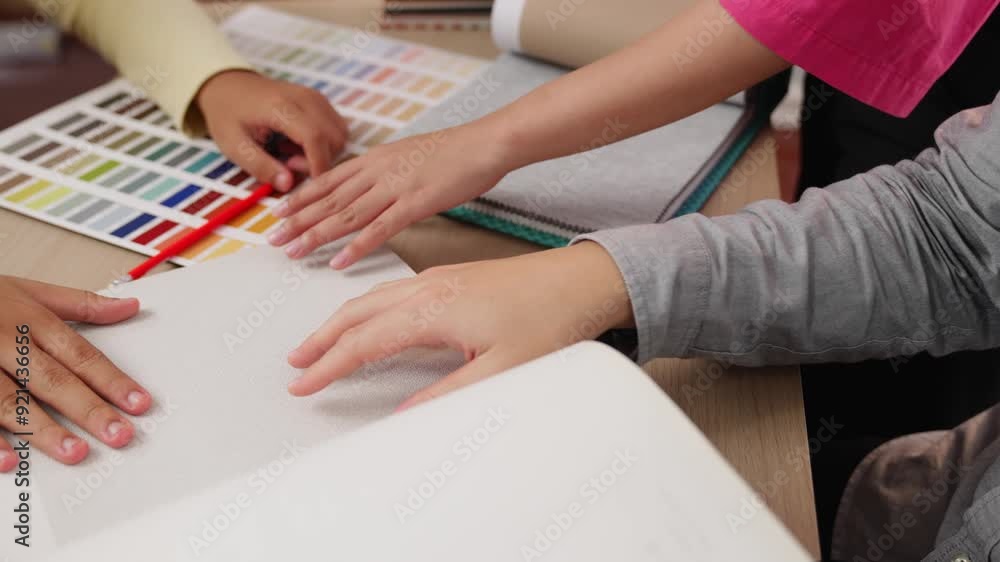 Poster slow motion hand closeup architect and interior designer presenting textile material and color from 