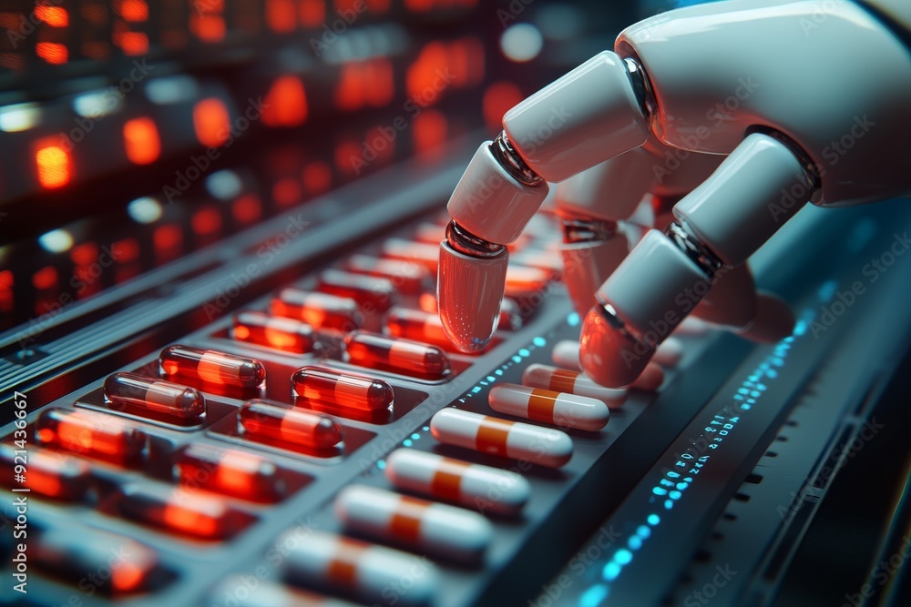 Poster robotic arms working on a production line filled with red and white capsules symbolizing automation 