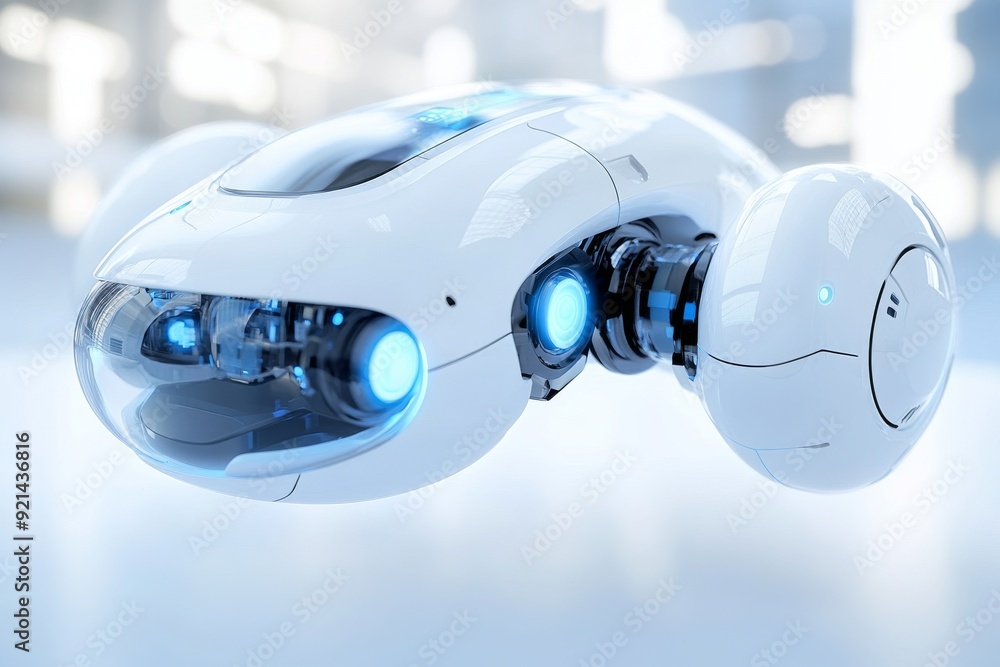 Poster futuristic drone like robot holding a capsule symbolizing the advancement of ai and its role in mode