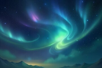 A iridescent neon hues swirling across the sky-like canvas, Stars twinkle in the background