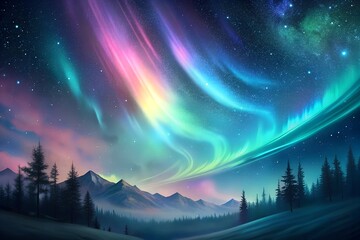 A iridescent neon hues swirling across the sky-like canvas, Stars twinkle in the background
