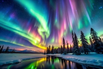 A iridescent neon hues swirling across the sky-like canvas, Stars twinkle in the background