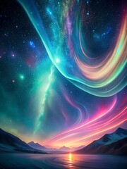 A iridescent neon hues swirling across the sky-like canvas, Stars twinkle in the background