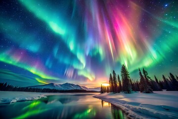 A iridescent neon hues swirling across the sky-like canvas, Stars twinkle in the background