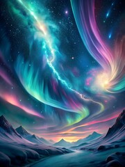 A iridescent neon hues swirling across the sky-like canvas, Stars twinkle in the background
