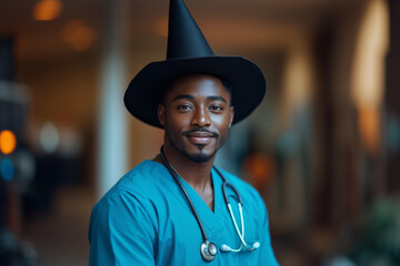Portrait of black male nurse or doctor in blue scrubs and wearing a witch hat and stethoscope standing at a hospital.