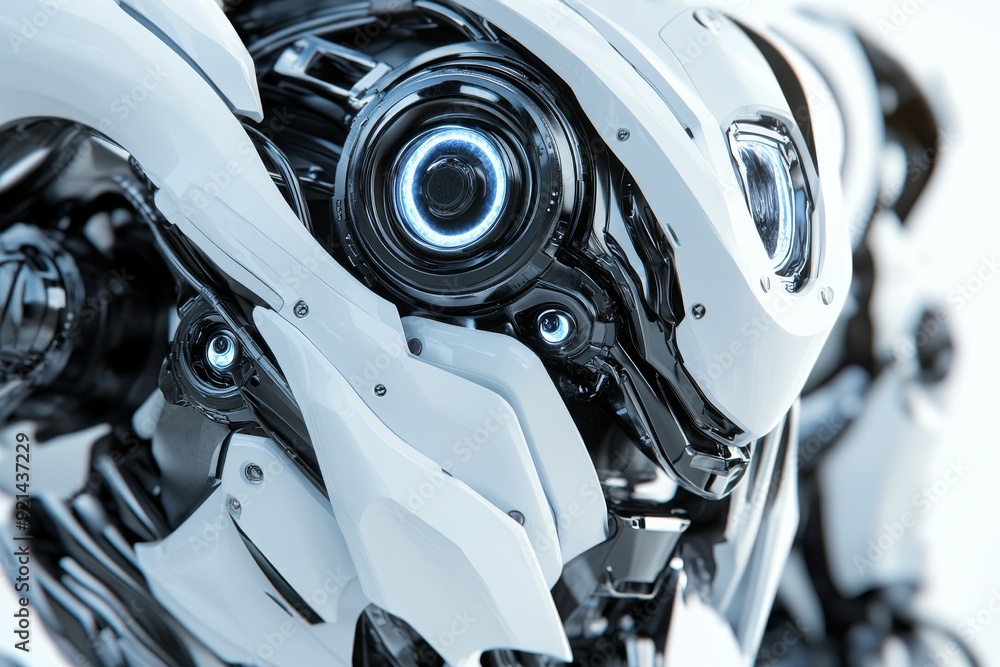 Poster close up of a sleek white robotic face with intricate mechanical details representing the advanced t
