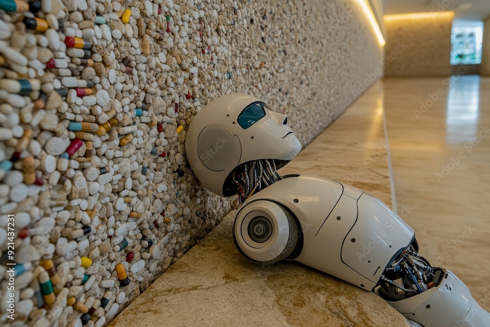 Sticker Small humanoid robot laying against a wall of capsules symbolizing the integration of AI in healthcare captured in a detailed emotional composition.