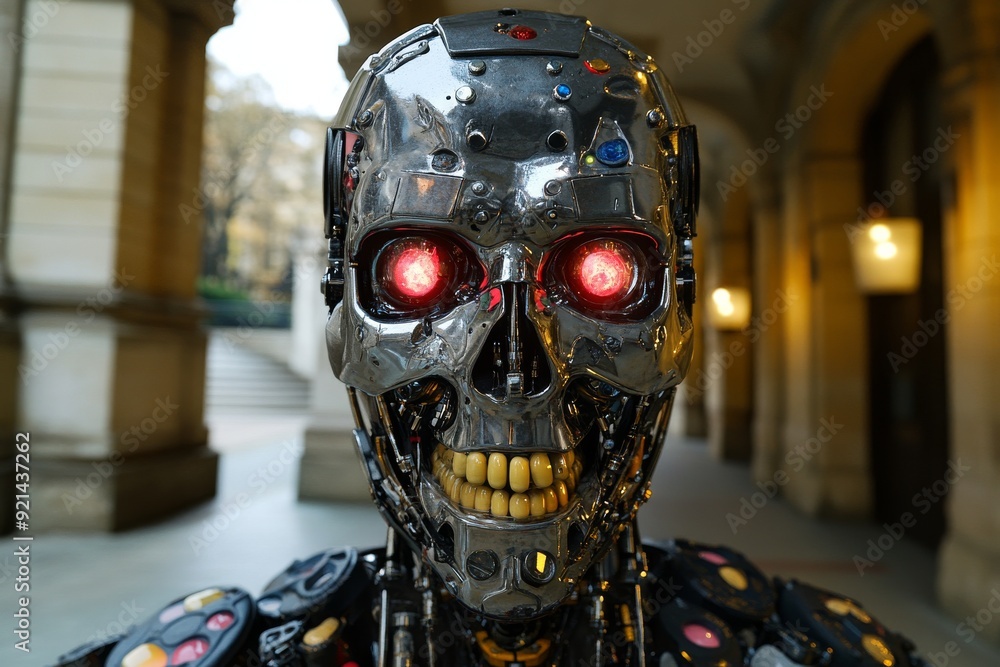 Poster robotic figure with glowing red eyes in a dark environment symbolizing the integration of ai and the