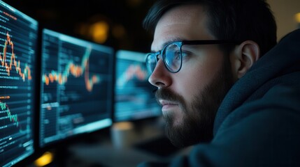 A home office where an individual watches their investments tank on multiple screens, capturing the personal impact of the global crisis.