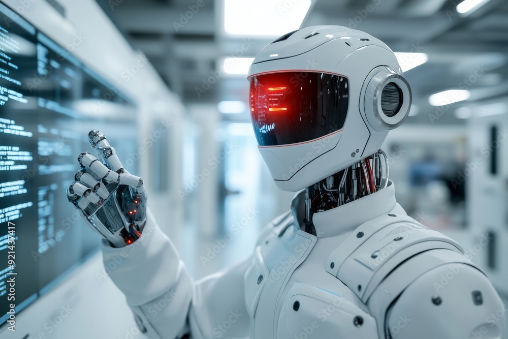 Poster futuristic humanoid robot holding a red pill symbolizing the intersection of ai and healthcare captu