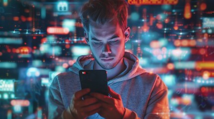 man using cell phone and applications and connectors come out. innovation concept