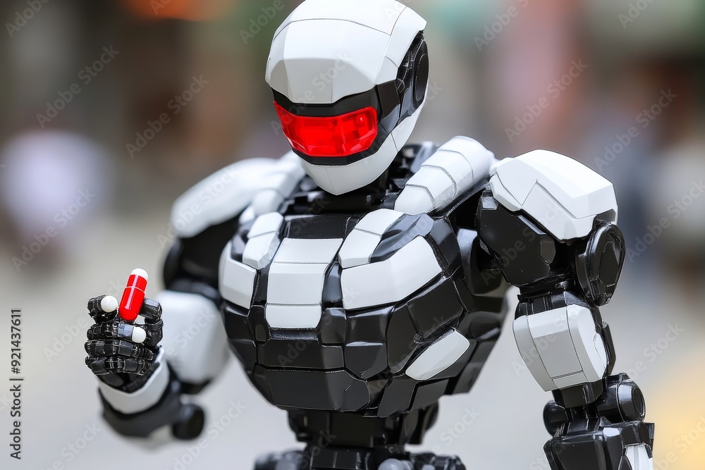 Poster robotic figure holding a red pill in a futuristic setting symbolizing the integration of ai in healt