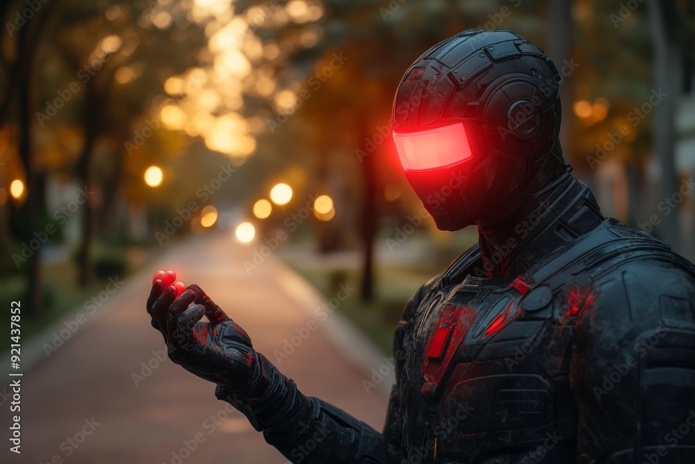 Poster mysterious futuristic humanoid robot with glowing red eyes holding a small object in a park at dusk 