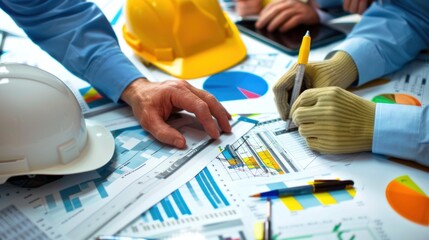 Generate a photo realistic image of a construction project team conducting a review of financial tracking, with detailed budgeting charts and tracking reports