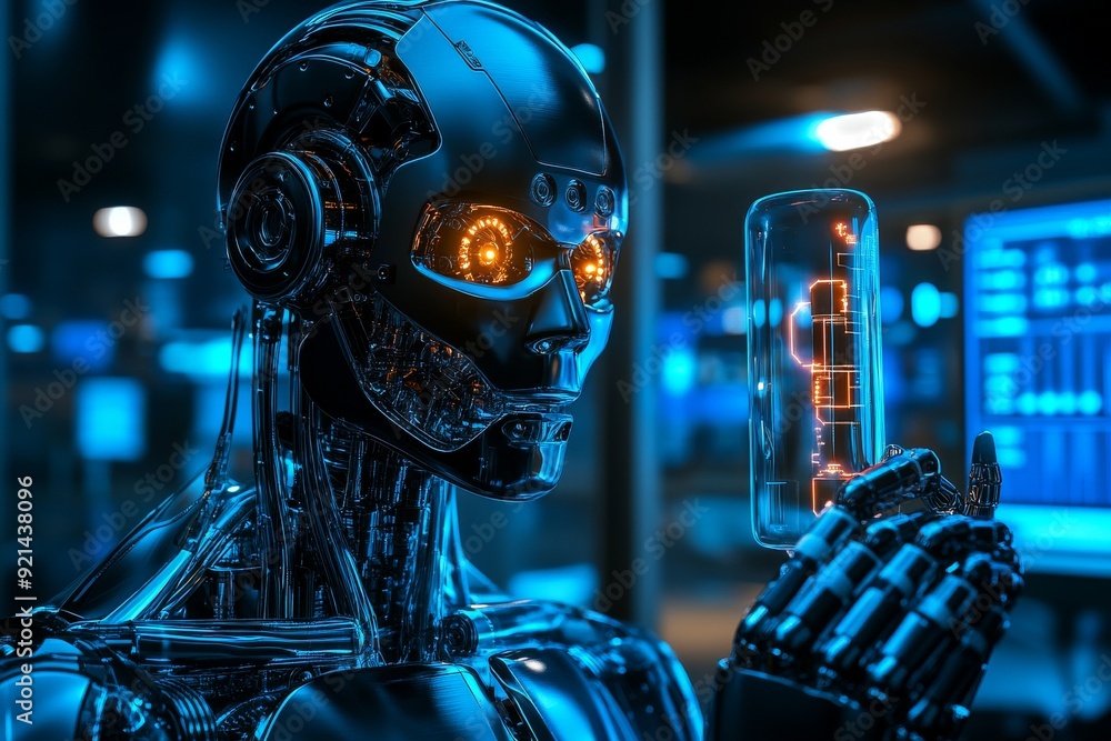 Poster dark and sleek humanoid robot analyzing a small glowing capsule in a high tech laboratory setting em