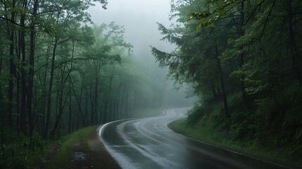 Obraz premium A Foggy Road Through the Woods