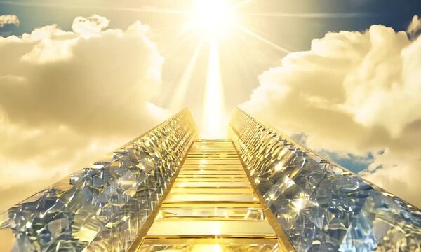 The stairs to heaven with a cloudy background, glowing with golden light, each step made of shimmering crystal