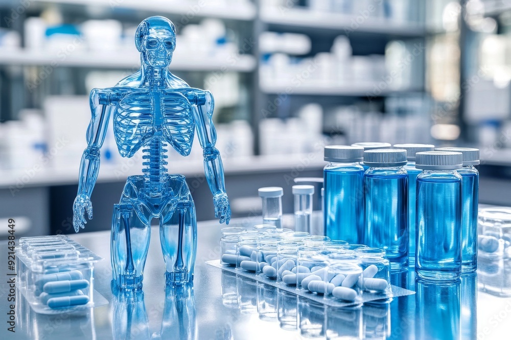 Poster skeletal robotic figure surrounded by glass containers in a high tech laboratory merging the themes 