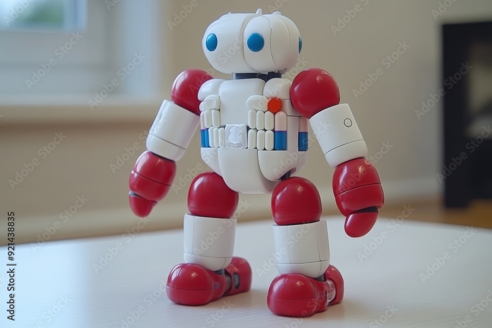 Poster small toy like robot with red and white limbs standing on a table in a domestic setting representing