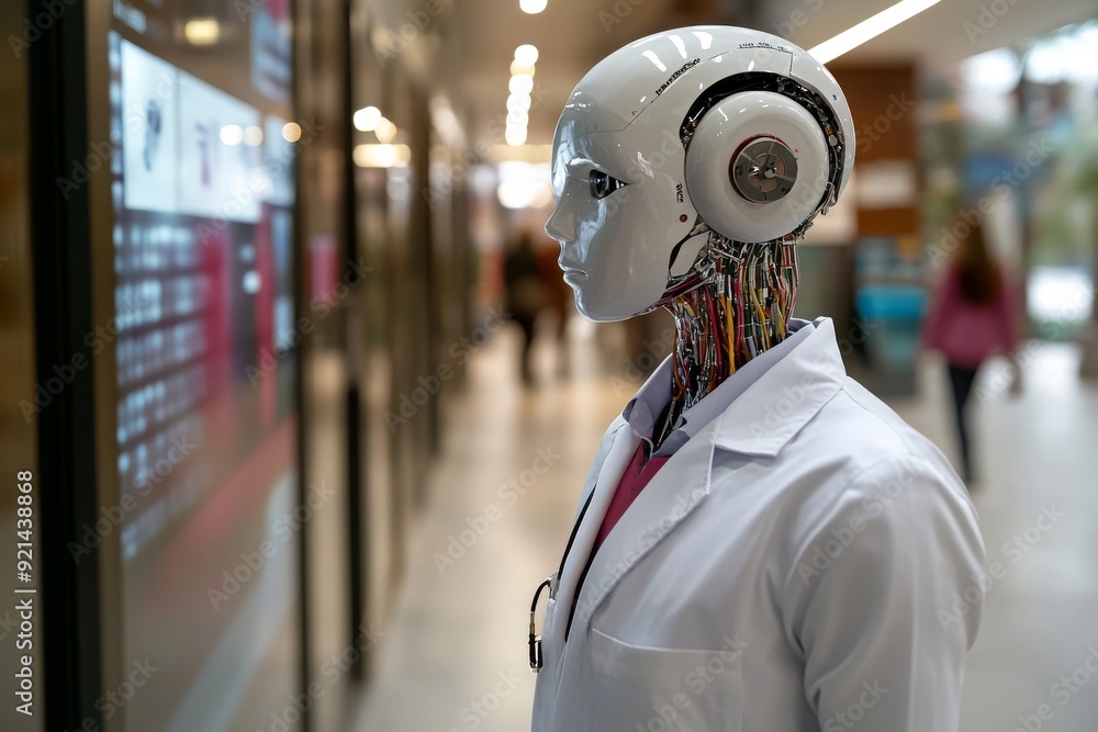 Poster elegant humanoid robot with headphones walking through a busy modern hallway blending technology and