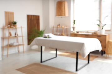 Interior of light spa salon with couch, wooden furniture and houseplants