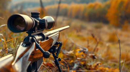 Obraz premium Hunting rifle with a telescopic sight and bipod.