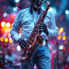 Fototapeta premium A man playing a saxophone, with bright red and blue lighting in the background. holding both sides of the instrument. Saxophonist jazz musician