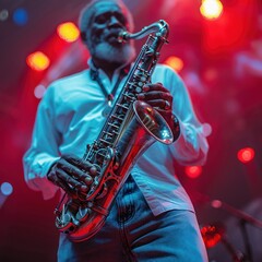 Obraz premium A man playing a saxophone, with bright red and blue lighting in the background. holding both sides of the instrument. Saxophonist jazz musician