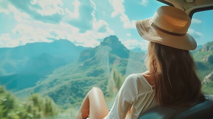 Woman in a Straw Hat Gazing at a Mountain View
