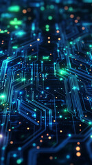 Obraz premium A technology graphic banner featuring a circuit board pattern in neon blue and green colors, with glowing lines and abstract elements, and copy space