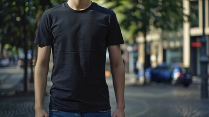 Obraz premium man wearing black shirt on gray background. mockup concept