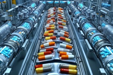 Fototapeta premium Futuristic pharmaceutical conveyor belts transporting diverse pills in a high tech facility