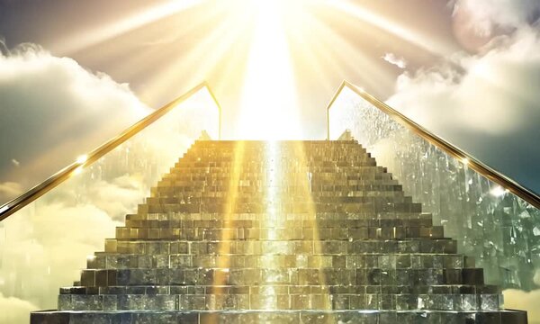 The stairs to heaven with a cloudy background, glowing with golden light, each step made of shimmering crystal