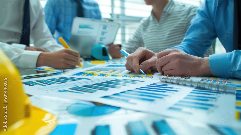 Wall mural generate a photo realistic image of a construction project team evaluating financial performance, wi