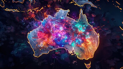 Futuristic abstract digital network and internet of things illuminating the australian continent with vibrant lights