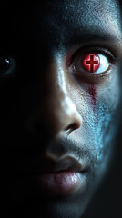 Naklejka premium Red cross illuminated in a man's eye
