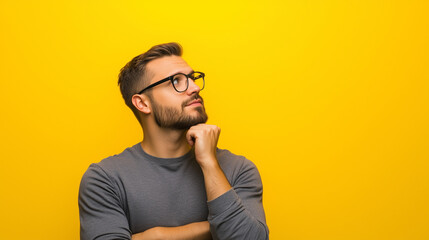 Fototapeta premium 黄色背景の前で悩んでいるポーズをする若い男性をリアルに描いたAI生成画像