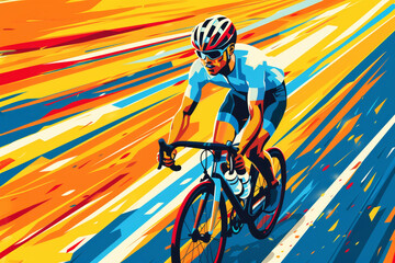 Dynamic retro futuristic cyclist racing graphic design with bold colors and geometric shapes.