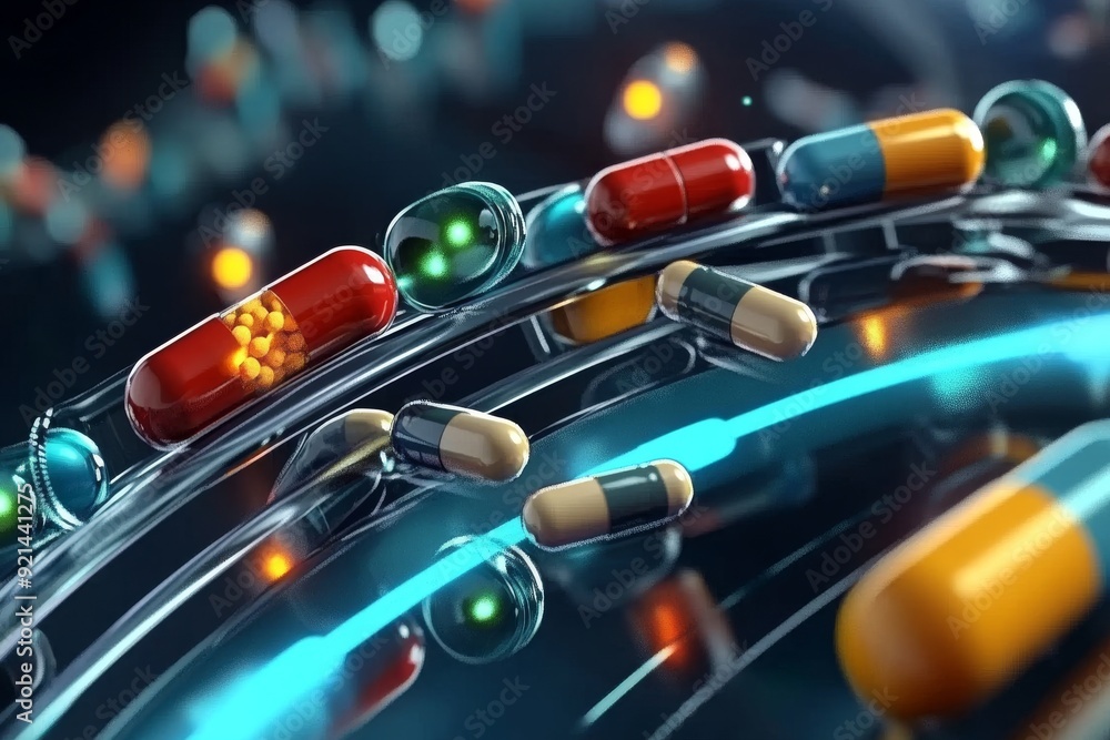 Poster dynamic image of pills in motion on a high tech background symbolizing fast paced medical advancemen