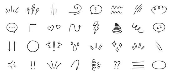 Naklejka premium Expression sign, Anime manga doodle set. Comic decorative brush stroke lines, design elements, emotion symbols, movement in sketch style. Hand drawn vector illustration isolated on white background