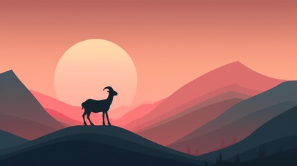 Fototapeta premium A lone goat against a mountain backdrop, minimalistic style, clear and simple design, 2D vector illustration, muted colors
